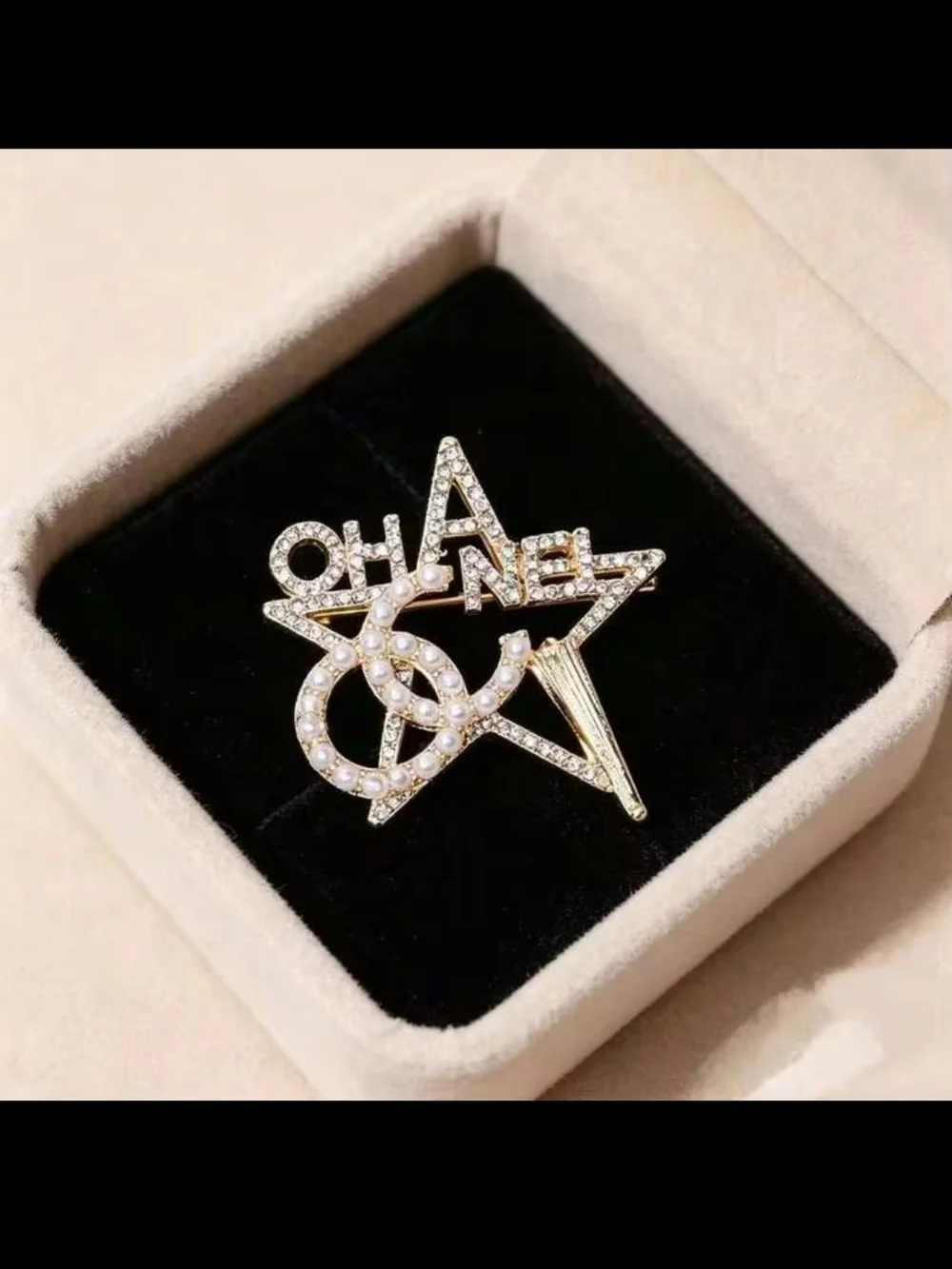 Gold-Tone Star Brooch with Pearl CC Accents